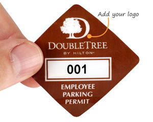 Diamond shaped parking permit sticker with a logo