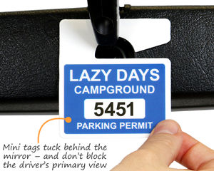 Mini parking tags tuck behind a mirror