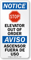 Elevator Out Of Order Bilingual Stop Sign