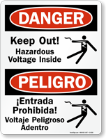 Bilingual Keep Out Hazardous Voltage Inside Sign