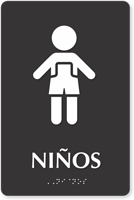 Ninos Spanish Restroom Braille Sign with Girl Pictogram