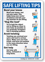 Safe Lifting Tips Bend Knees Hug Load Sign